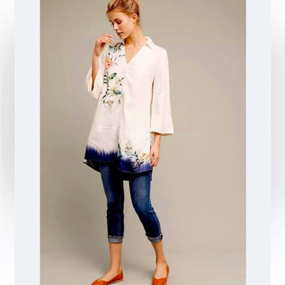 Anthropologie‎ Maeve Cream Floral Watercolor Linen Blend Tunic Top